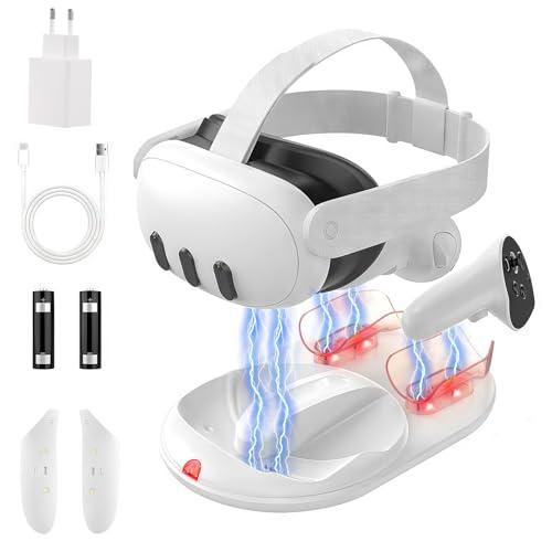 GEEKERA Stazione di Ricarica Compatibile con Meta-Quest 3, Caricatore Magnetico per cuffie e controller, Accessori VR, Stazione di Ricarica Rapida con Adattatore da 18 W/2 Batterie Ricaricabili