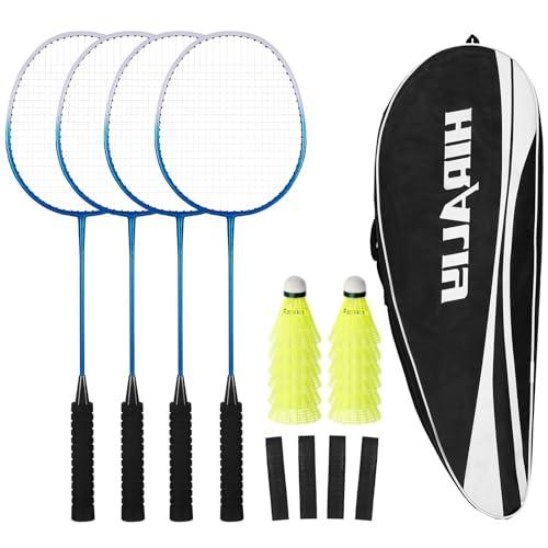 HIRALIY Set di 4 racchette da badminton per giochi all'aperto, tra cui 4 racchette, 12 volani in nylon, 4 nastri di ricambio per impugnatura e 1 borsa per il trasporto