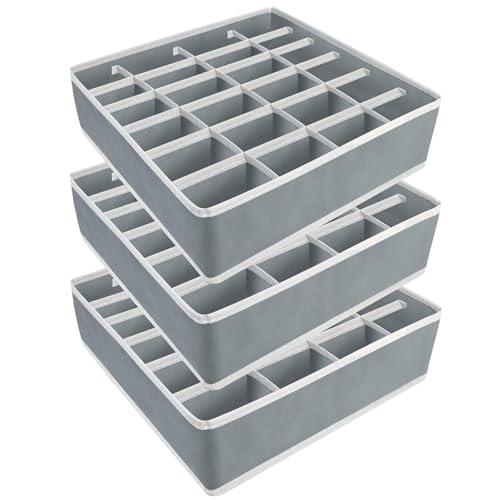Yucch 3 Pezzi Organizer Cassetti, 24 Scomparti Pieghevole Porta Calzini da Cassetto Organizzatore Cassetti per Biancheria Mutande, Calze, Cravatte, Cinture (Grigio)