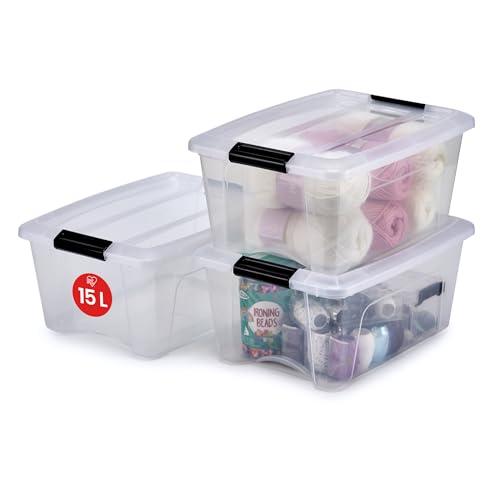Iris Ohyama Scatole Portaoggetti in con Coperchio, 15L, Lotto di 3, Trasparente, Clip di Bloccaggio, Empilabile, Maniglia, Per Camera, Armadio, Ufficio, Organizzatore, Senza BPA, NTB-15