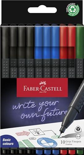 Faber-Castell Grip Finepen 151691 - Set di 10 fineliner, larghezza linea 0,4 mm, nero, blu, rosso, verde