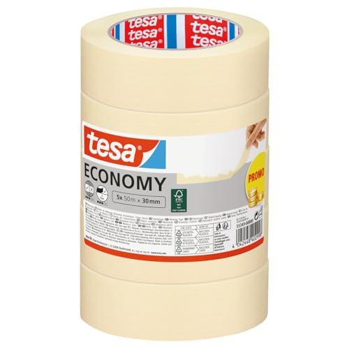 tesa Nastro per Mascheratura ECONOMY EcoLogo - Nastro in Carta per Mascheratura, Rimozione senza Residui per 4 Giorni, senza Solventi - Sottile, 5x 50 m x 30 mm