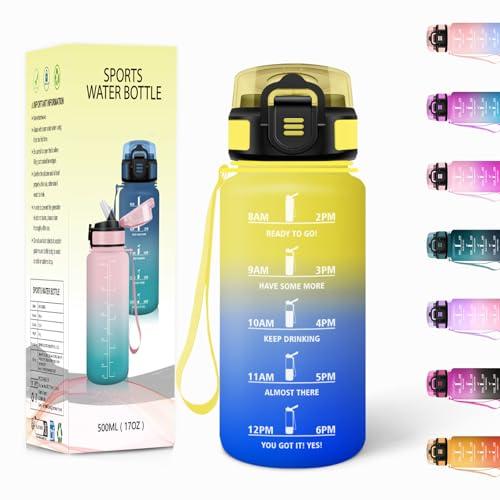 Borraccia, 500ML Con Paglia, Borraccia Bambini, Senza BPA, Borracce con Cannuccia, Bottiglia d'acqua Motivazionale con Indicatore del Tempo, Bottiglia Acqua per Scuola, Sport - Giallo&Blu reale