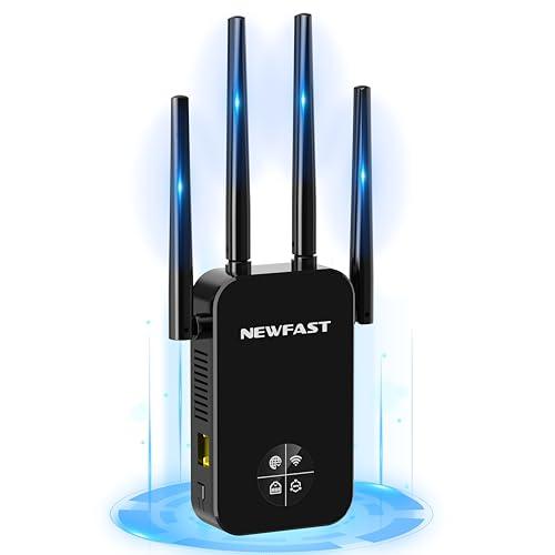 NEWFAST Ripetitore WiFi Potente per Casa, 1200Mbps WiFi Extender Dual Band 2.4GHz/5GHz con 4 Antenne ad Alto Guadagno, Porta Ethernet, WPS, Display Intelligente, Supporta Modalità Ripetitore/Router/AP