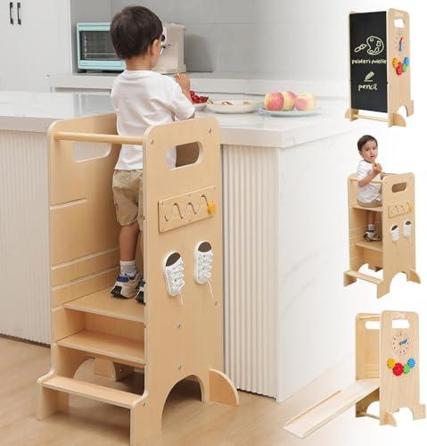 Olvy Kids 4-in-1 Montessori Torretta Apprendimento - Learning Tower - Scaletta Legno - Scaletta Bambini 4 Gradini - Torre Cucina Bambini - Torretta Apprendimento da 1 Anno - Scala Bambini Pieghevole