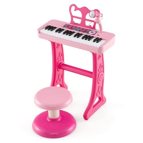 RELAX4LIFE Pianoforte per Bambini con 37 Tasti, Tastiera Musicale con Microfono, Leggio e Sgabello, Funzioni di Record e Playback, Regalo di Natale/Compleanno (Rosa)