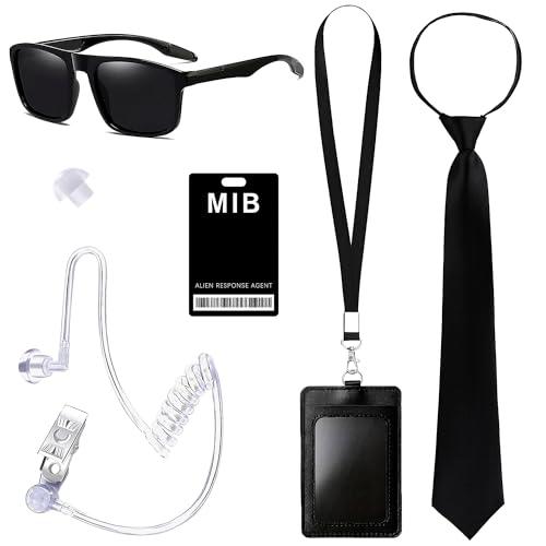 Horolam 6PCS Agente Costume Accessori, Servizio Segreto Costume Set Spy Costume Accessori Con Occhiali Da Sole Neri Zip Tie Earpiece Id Card Holder per Uomini Donne Bambini