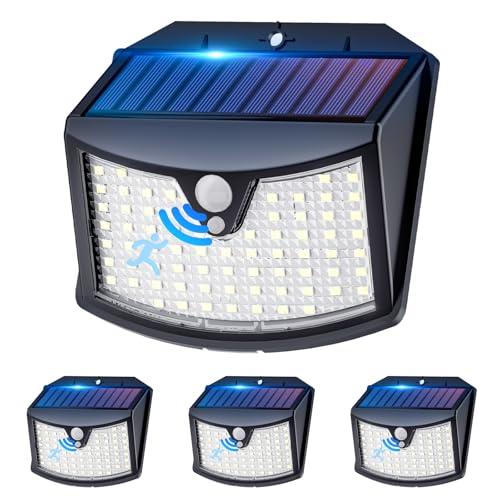Luce Solare Led Esterno, 3 Modos IP65 Impermeabile Faretto LED da Esterno con Sensore di Movimento, Lampada Solare da Esterno per Giardino, Parete, Garage (4 Pezzi Bianco Freddo)