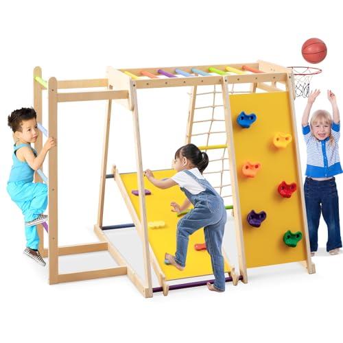 COSTWAY 6 in 1 Set da Arrampicata per Bambini in Legno, Parco Giochi con Scivolo Arrampicata Canestro da Basket Barra e Rete di Corda, Scala e Accessori, 3-14 Anni (Colorato)