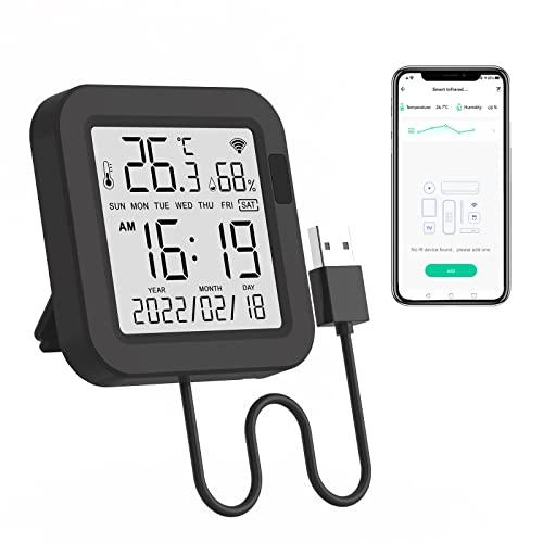 eMylo Termometro Igrometro WiFi con Telecomando IR Universale, Misuratore di Temperatura e Umidità Interno Retroilluminato, Compatibile con Alexa e Google Assistant