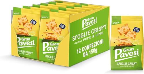 Gran Pavesi Cracker Le Sfoglie Crispy Gusto Lime e Pepe, Cotte al Forno, Snack Salato e Croccante, Senza Olio di Palma, 12 Confezioni da 150g