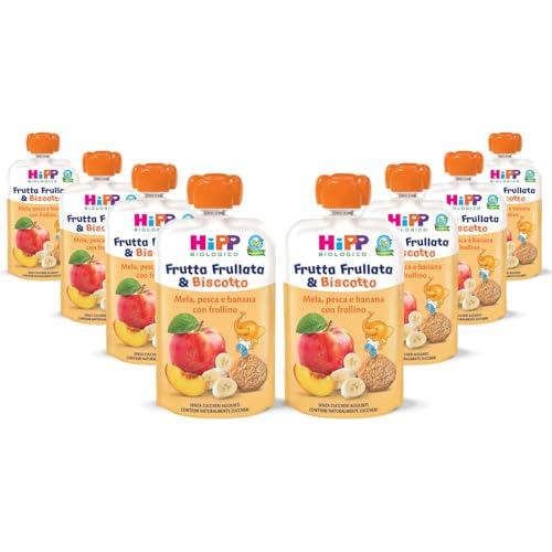 HiPP - Frutta Frullata e Biscotto Bio, Purea per Bambini al Gusto Mela, Pesca e Banana con Frollino ai Cereali Antichi, Senza Zuccheri Aggiunti, 8 Confezioni da 90 gr