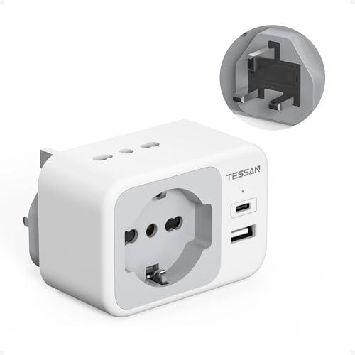 TESSAN Adattatore Presa Inglese con 2 USB, Adattatore Spina Inglese Italiana con 2 Prese IT e 1 Presa Schuko per Gran Bretagna, Irlanda, Gambia, 3250W Spina Tipo G
