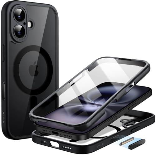 JETech Cover per iPhone 16 6,1 Pollici con Integrato Vetro Temperato Pellicola Protettiva e Pulsante Controllo Fotocamera, Compatibile con MagSafe, Protezione 360 Gradi (Nero)