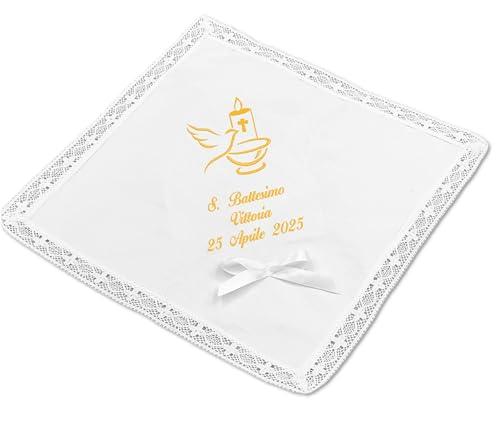 Fazzoletto Battesimo bimbo bimba personalizzato con ricamo nome e data 100% cotone Made in Italy (con fiocco, oro)