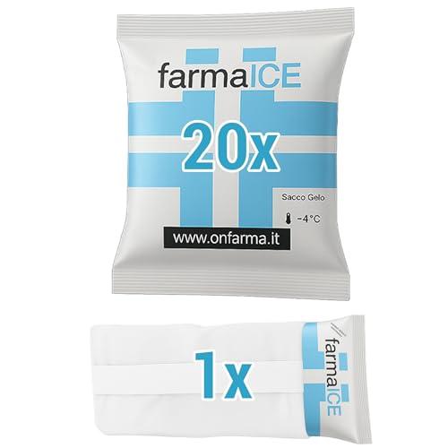 OnFarma FARMA ICE GHIACCIO BUSTA 20 PEZZI + TASCA PORTAGHIACCIO, GHIACCIO SECCO ISTANTANEO Buste Ghiaccio Secco Medico FarmaICE, Ghiacco Sintetico per Traumi, Sport e Crioterapia, Ghiaccio Pronto Uso