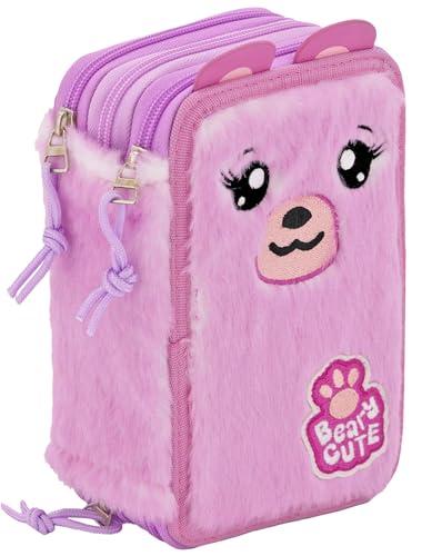 Julian Ross Astuccio 3 Scomparti Fluffy - 45 Pezzi, 2 Penne Gel Cancellabili, Colla, Forbici, Pastelli 4.0, 3 Zip, Bambina, Scuola e Regalo Orsetto Rosa