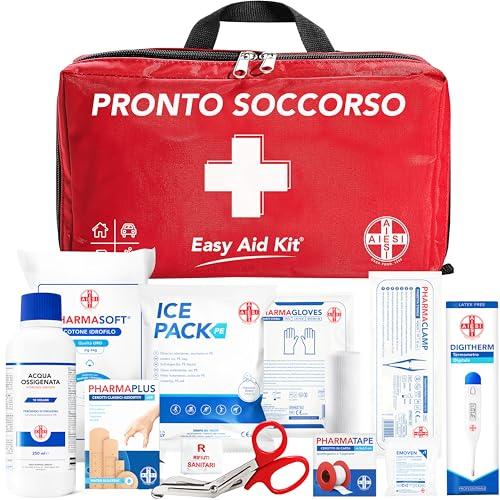 AIESI® Kit di Pronto Soccorso professionale per auto casa viaggio barca moto trekking con TERMOMETRO e DISINFETTANTE, EASY AID KIT, Borsa di emergenza completa per medicazione, Made in Italy