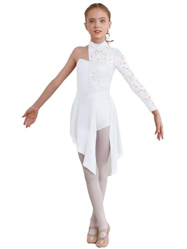 inhzoy Abito da Pattinaggio Artistico Bambina Manica Lunga Vestito da Balletto Ginnastica Artistica Body da Danza Classica Ballerina Strass Leotards Vestito da Ballo Lirico Bianco E 7-8 Anni