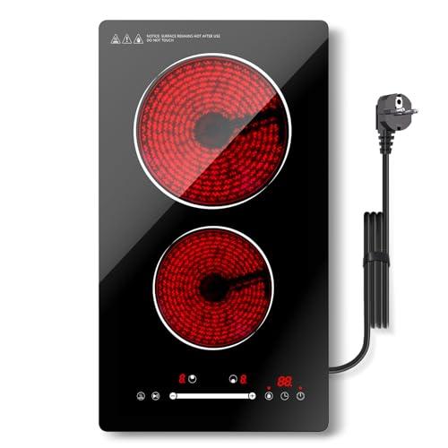 GRACEALL Piano Cottura Elettrico in Vetroceramica 2 Zone 3000W, Incasso o da Appoggio con Controllo a Sfioramento Scorrevole, Timer, Blocco Bambini e Funzione Mantenimento Caldo