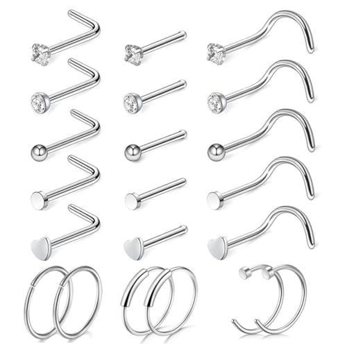 IKOPFLN 21 Pezzi Set Piercing Naso in Acciaio Chirurgico - Anello Cerchio CZ Brillantino Septum Nostril Argento