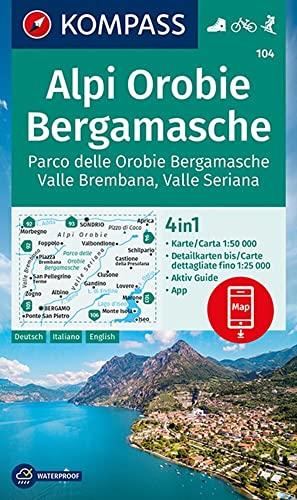 Carta escursionistica KOM 104. Alpi Orobie Bergamasche: 4in1 Wanderkarte mit Aktiv Guide und Detailkarten inklusive Karte zur offline Verwendung in der KOMPASS-App. Fahrradfahren. Skitouren.