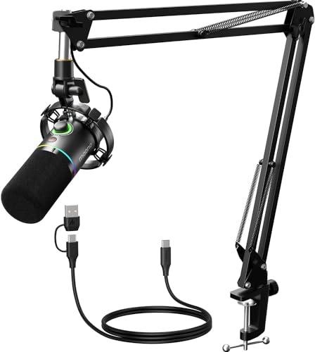 MAONO XLR/USB Microfono dinamico, microfono podcast con braccio, software, pulsante mute, controllo guadagno, per pc gaming, streaming, registrazione, PS4/5 Mac Mixer, PD200XS Nero