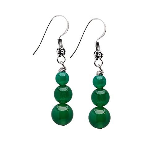 Orecchini da donna fatti a mano con pietre preziose triple perline e orecchini pendenti in argento sterling - Idee regalo per le donne (Agata verde)