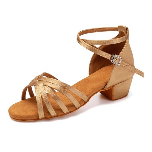 SWDZM Scarpe da Ballo Latino Americano Bambina Standard Salsa Ballroom Tacco 3 cm,Beige,EU 34