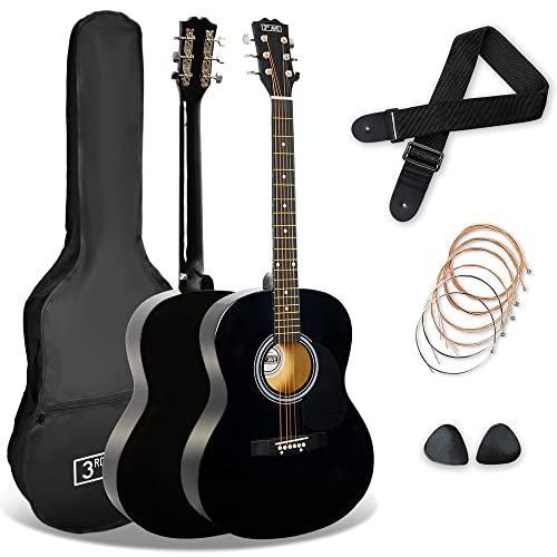 3rd Avenue Pacchetto con chitarra acustica 3rd Avenue di dimensioni standard 4/4 livello beginner, corde in acciaio, custodia da trasporto, plettri e corde di riserva – Nero