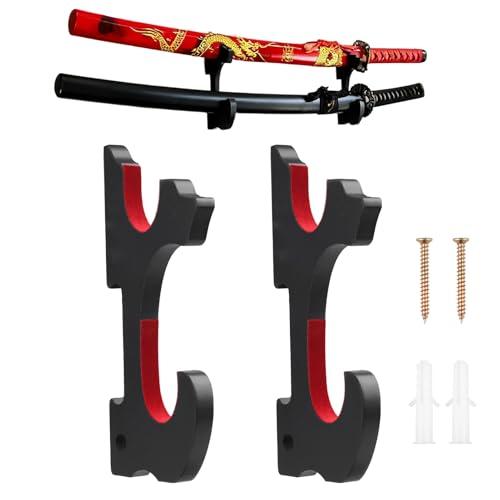 Set di 2 Porta Katana da Muro in Legno Nero, Regolabili Supporto Spada da Parete a 2 Livelli con Imbottitura in Velluto, Espositore per Katana, Spade Samurai, Spada Laser, Tanto, Wakizashi, Cosplay
