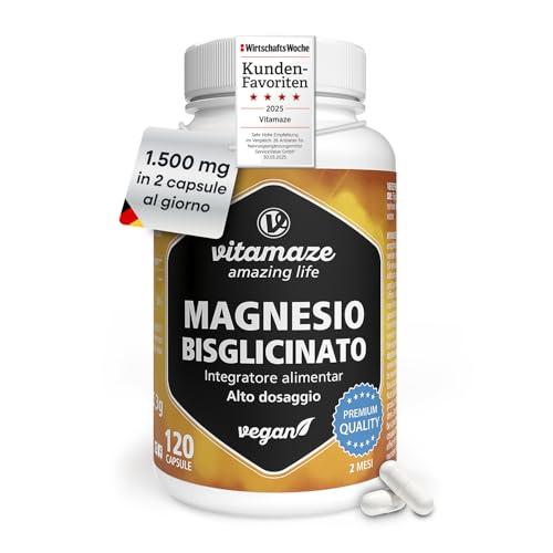 Magnesio Bisglicinato 1500 mg in sole 2 capsule piccole al giorno altamente dosate e vegane, di cui 300 mg di magnesio elementare, Per ossa e stanchezza, 120 capsule, Senza additivi, Made in Germany
