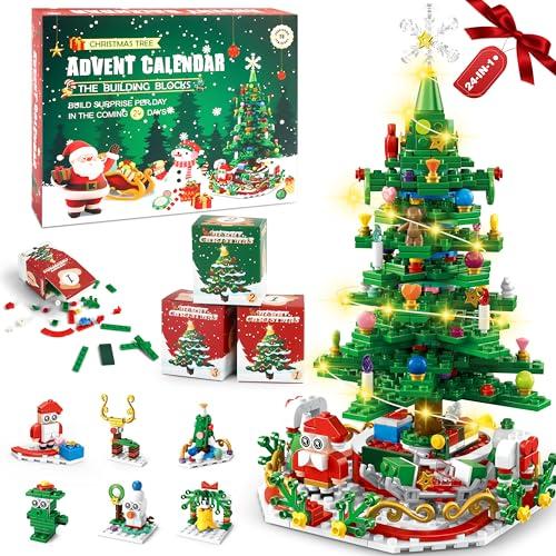 MOMOSTAR Calendario Avvento Bambini, Calendario dell'Avvento 2025 con Luce a LED, 701 Pezzi 24 in 1 Albero di Natale di costruzioni Giocattoli, Regalo Natale per Adulti Bambini 6+ Anni