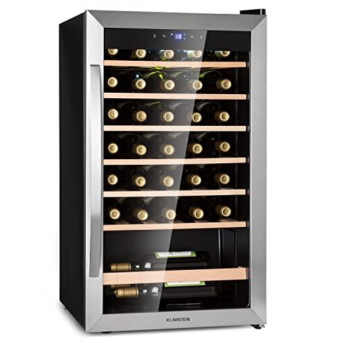 KLARSTEIN Cantinetta Vino, Cantinetta Vino Refrigerata a Zona Singola per Interno/Esterni, Frigo Bar, Cantina Vino con Vetrina, Mini Bar, Frigo Vino con Illuminazione LED, 4-18°C, 36 Bottiglie
