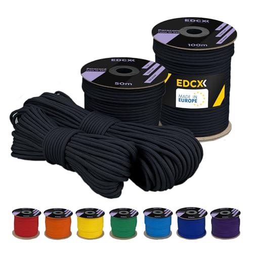 EDCX poliestere Paracord 550 (15, 30 e 50 m) – 4 mm Tipo III, cavo per paracadute resistente allo strappo per la sopravvivenza in 100% poliestere con 7 fili | Colori a tinta unita (Black, 15 m)