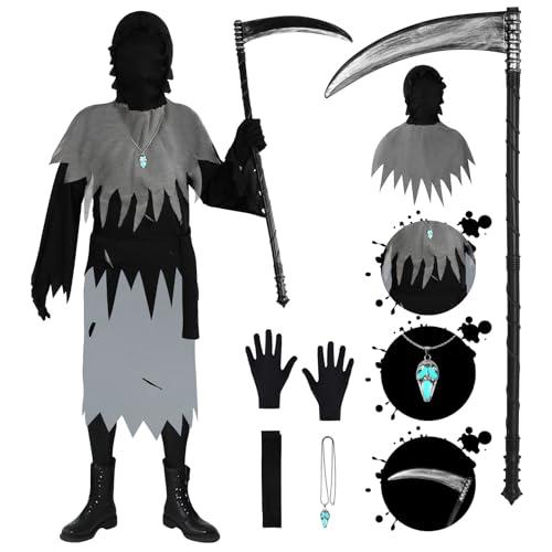 BSBUY Costume da Bambino da Morte, Mietitore Costume per Bambini di Halloween, 6PCS Spaventoso Morte Vestito, Vestiti Mietitore Pauroso, Bambini Scream Fantasma Vestito di Carnevale, Feste