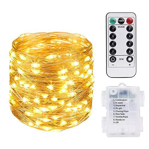 Vicloon Stringa Luci LED, 10M 100 LED Luci Natale Impermeabili con Telecomando, a Batteria, Lampada a Fili di Rame, Luci Decorative per Giardino, Casa Feste, Halloween, Matrimonio