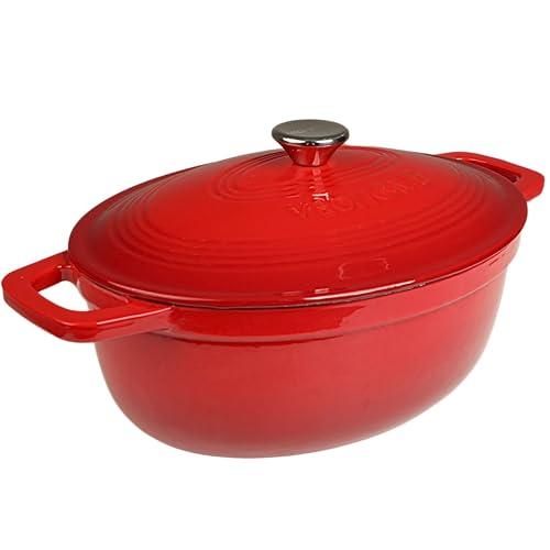 Casseruola in Ghisa Smaltata VeoHome Rosso 6L Ovale, Cocotte Ultra Resistente, Pentola Compatibile Induzione/Gas/Forno, Cottura Omogenea, Fornello Sapori Autentici, Coperchio a Rilievo
