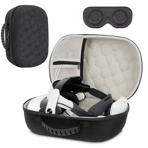 XINGFUDAO Custodia Rigida per Meta Quest 3/Quest 3S(con Cinturino Elite) VR Cuffie e Controller, Impermeabile e Antiurto, Con Tasca in Rete per Riporre gli Accessori, Nero