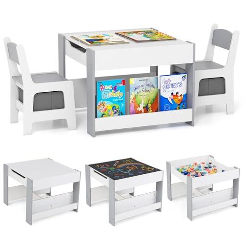 COSTWAY Set Tavolino Bambini con 2 Sedie per 3+ Anni, Tavolo e Sedie 4 in 1 con Lavagna Rimovibile, Librerie e Scatola in Tessuto, Mobile Salvaspazio per Scuola, Asilo e Cameretta (Bianco e Grigio)