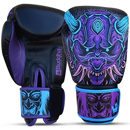 BUDDHA FIGHT WEAR - Guantoni da boxe Fantasy Luzbel - Muay Thai - Kick Boxing - Pelle sintetica di alta qualità - Tessuto interno resistente agli odori - Cuciture rinforzate - Colori blu - 10 Oz