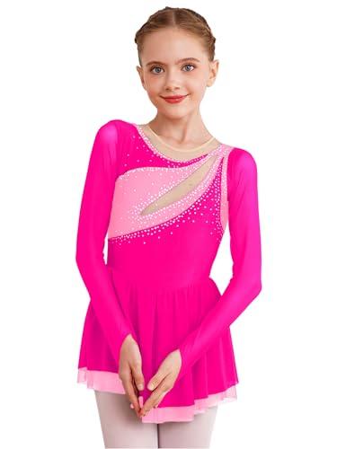 inhzoy Abito da Pattinaggio Artistico Bambina Manica Lunga Vestito da Balletto Ginnastica Artistica Body da Danza Classica Ballerina Strass Leotards Vestito da Ballo Lirico Rosa 7-8 Anni