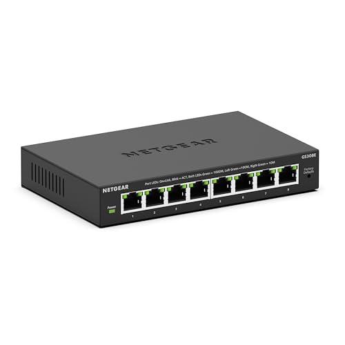NETGEAR Switch Ethernet Plus a 8 porte GS308E - Supporto VLAN, QoS, switch Gigabit per ufficio, funzionamento silenzioso, montaggio su scrivania o a parete