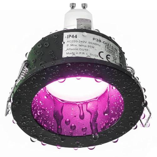 Faretto Tondo da Incasso Retrocesso Impermeabile IP44 in Alluminio Nero Vetro Satinato Soffitto, Luce Colorata, Cromoterapia, Box Doccia, Lampadina LED GU10 RGB multicolore 230V foro 75mm (Luce RGBW)