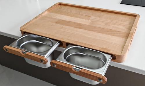 Tagliere da Cucina Professionale in Legno Naturale con Superficie Inclinata per la Raccolta di Liquidi e Contenitori Acciaio (Faggio, XL (47X32CM))