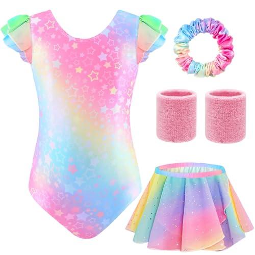 TOSZOLY Body Ginnastica Artistica Bambina, Set 5 Pezzi con Body Senza Maniche, Gonna da Balletto, Fascia Capelli, Polsini, Completo per Ginnastica, Danza e Spettacoli, 4-9 Anni