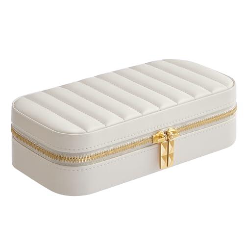 SONGMICS HOME ANAH Collezione - Portagioie da Viaggio, per Natale, Piccola Scatola Porta Gioielli con Specchio, 10,5 x 20,5 x 6 cm, PU con Cucitura, Portatile, Idea Regalo, Bianco Nuvola JBC180W01