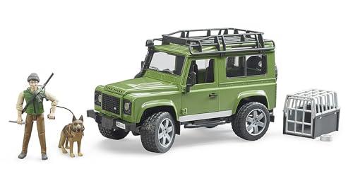 bruder 02587 - Land Rover Defender Station Wagon con cane e guardia forestale, veicolo fuoristrada, jeep, cane da pastore