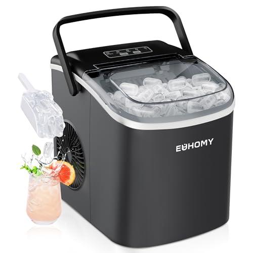 Macchina Ghiaccio 12kg/24h, EUHOMY Macchina del Ghiaccio Casa, 9 Cubetti in 6 Minuti, Autopulente, con Maniglia, Paletta, Cestello, Nero, 45dB