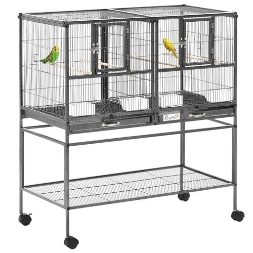 PawHut Doppia Gabbia per Uccelli in Metallo di Alta Qualità con Vassoi Estraibili, Supporto Stabile con 4 Ruote e Ripiano, 95x45.5x102cm, Nero Grigio